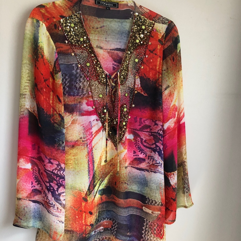 Bedazzled Chiffon Tunic Cover Up Size Large